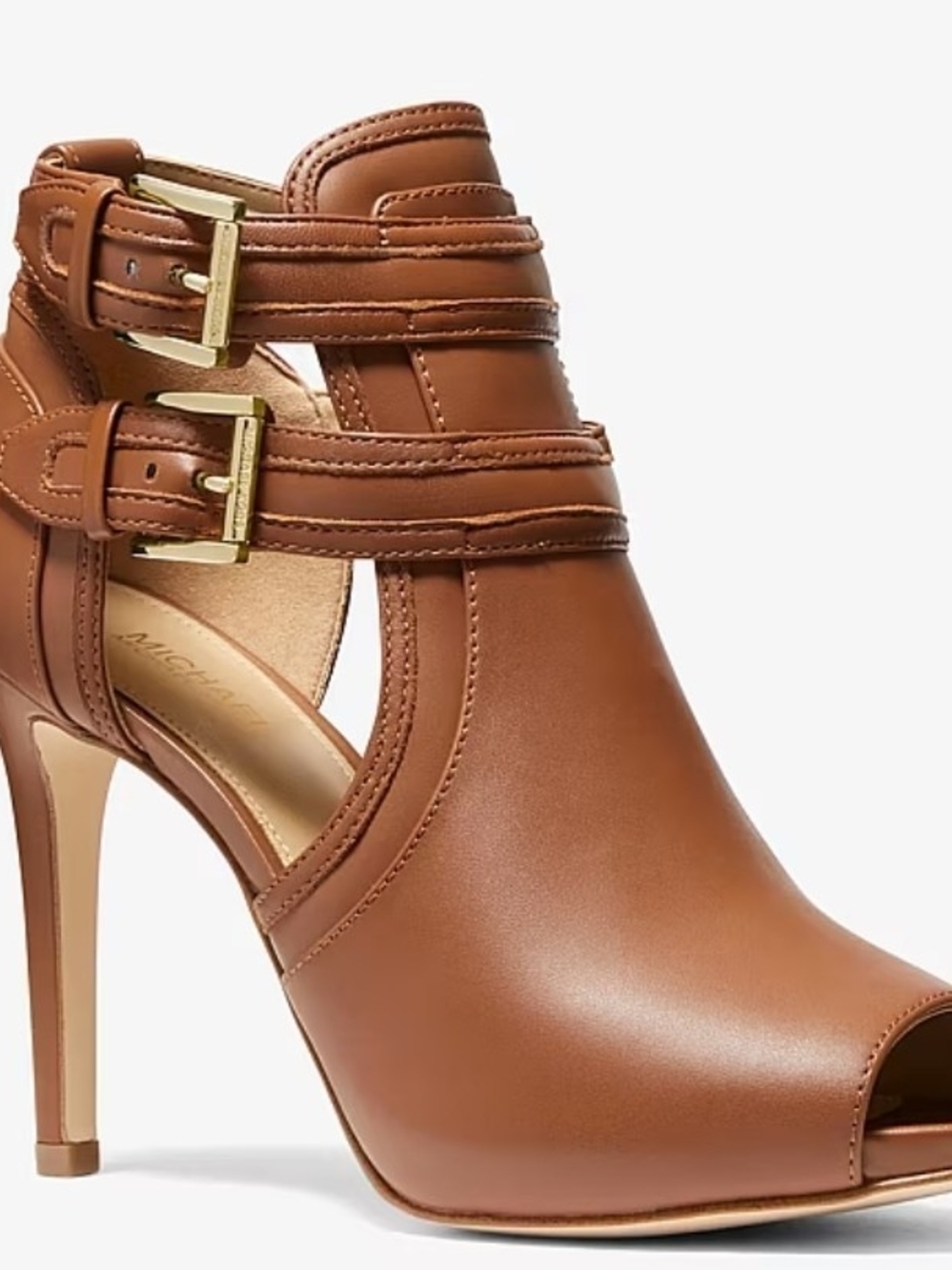 Michael Kors Brown Leather Peep-Toe Stiletto Bootie with Double Buckles
